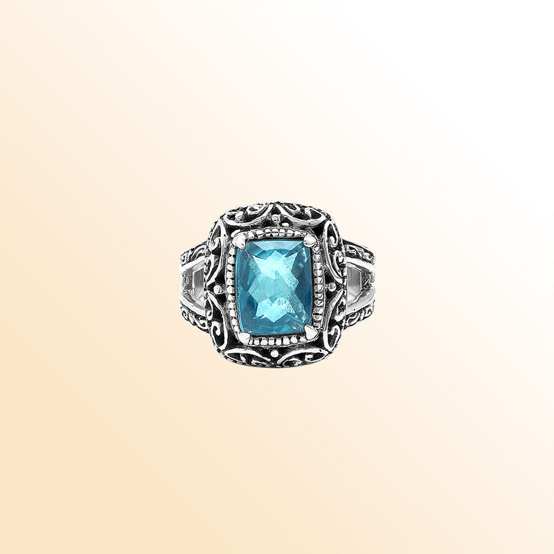 Sterling Silver Blue Topaz Quartz Cushion Balinese Ring Handcrafted In Indonesia