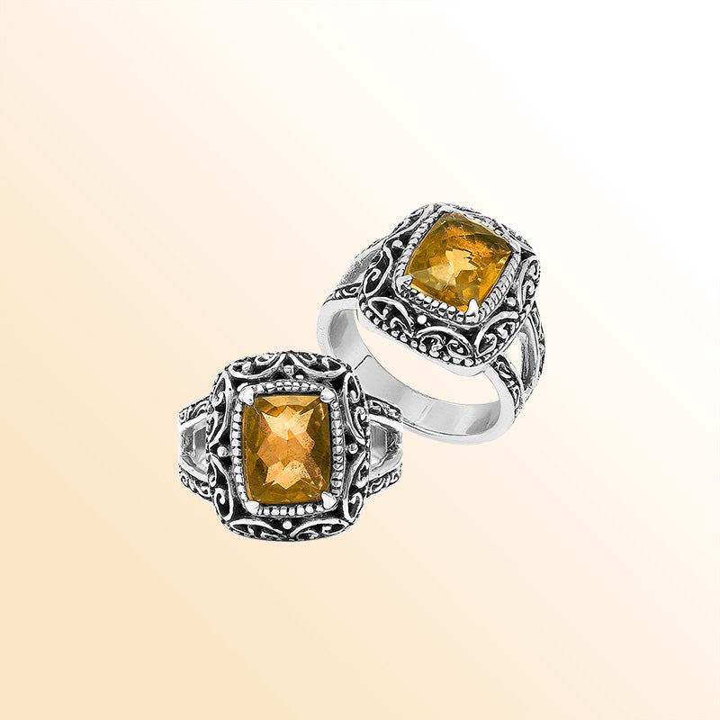 Handmade Sterling Silver Citrine Quartz Ring With Ornate Balinese Carvings