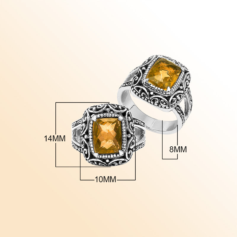 Handmade Sterling Silver Citrine Quartz Ring With Ornate Balinese Carvings