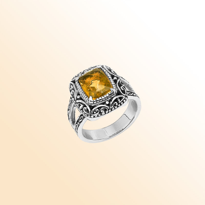 Handmade Sterling Silver Citrine Quartz Ring With Ornate Balinese Carvings