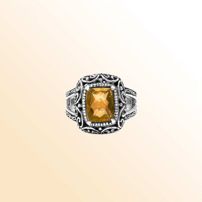 Handmade Sterling Silver Citrine Quartz Ring With Ornate Balinese Carvings