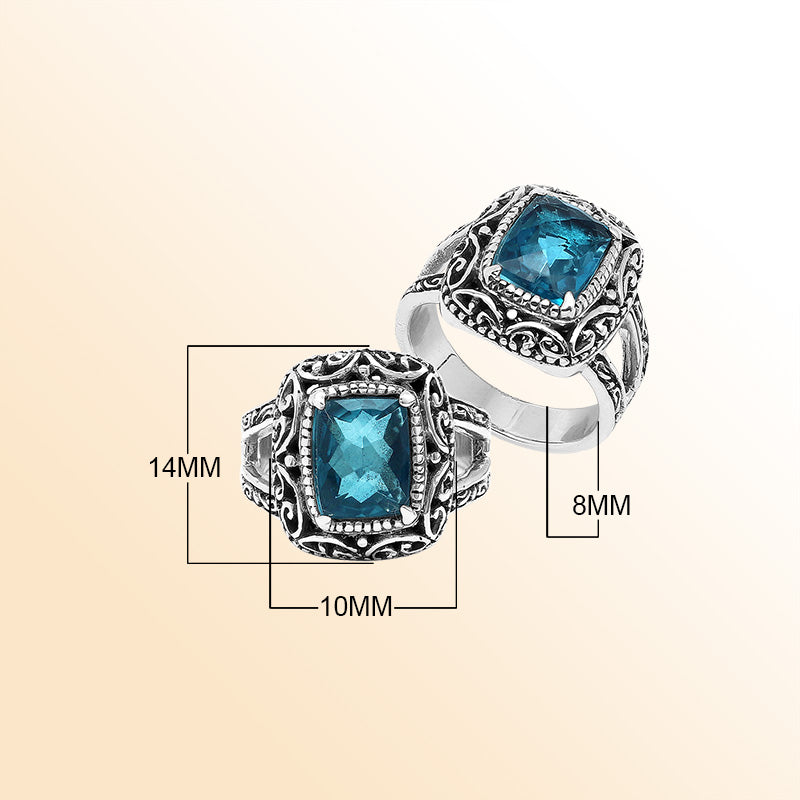 Sterling Silver Handmade London Blue Topaz Quartz Ring With Balinese Scroll Carvings