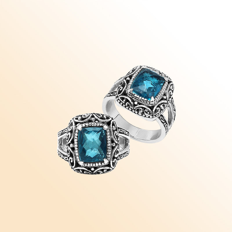 Sterling Silver Handmade London Blue Topaz Quartz Ring With Balinese Scroll Carvings