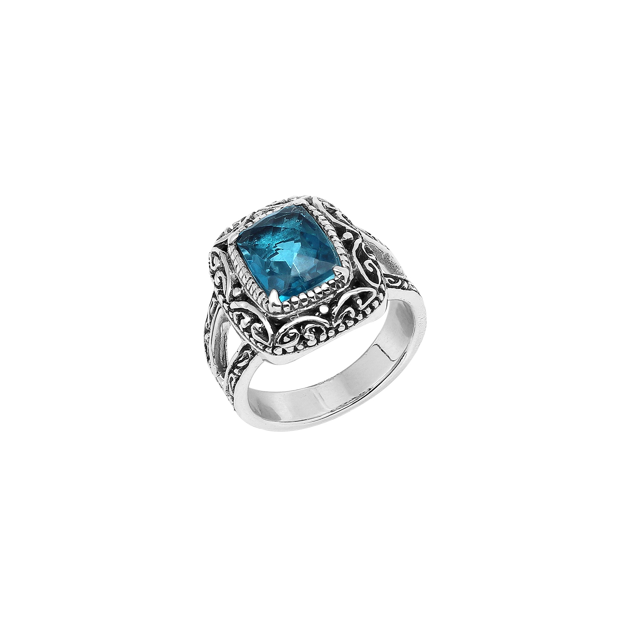 Sterling Silver Handmade London Blue Topaz Quartz Ring With Balinese Scroll Carvings