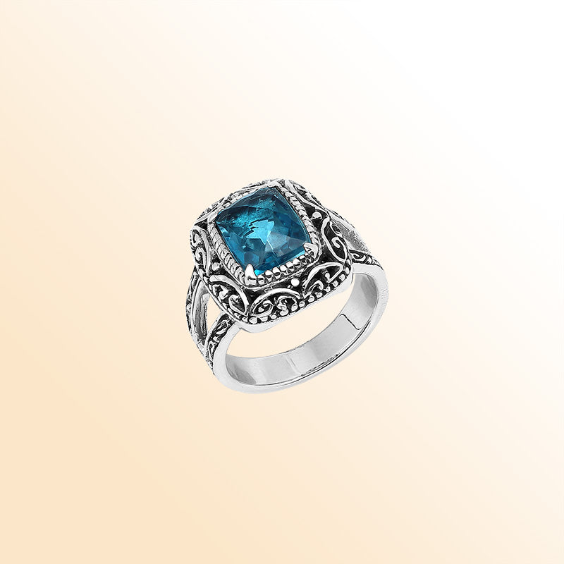 Sterling Silver Handmade London Blue Topaz Quartz Ring With Balinese Scroll Carvings