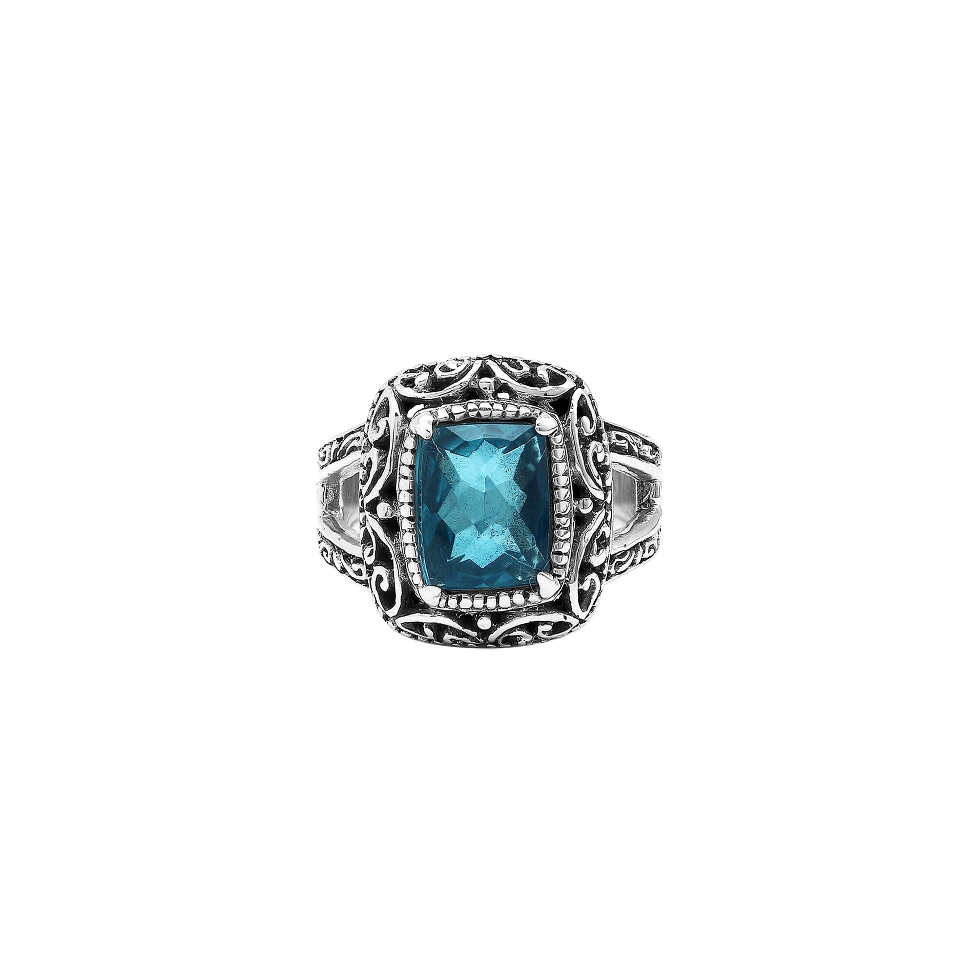 Sterling Silver Handmade London Blue Topaz Quartz Ring With Balinese Scroll Carvings