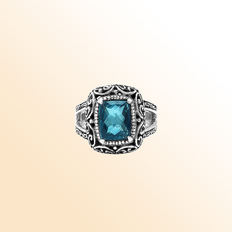 Sterling Silver Handmade London Blue Topaz Quartz Ring With Balinese Scroll Carvings