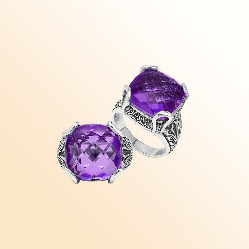 Sterling Silver Handmade Amethyst Quartz Ring With Balinese Engraved Detailing