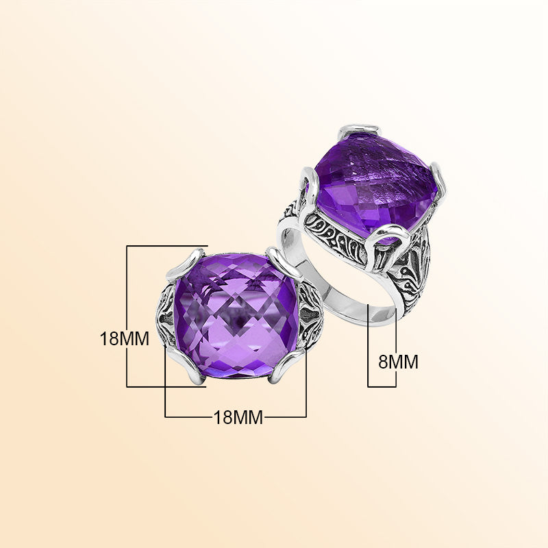 Sterling Silver Handmade Amethyst Quartz Ring With Balinese Engraved Detailing