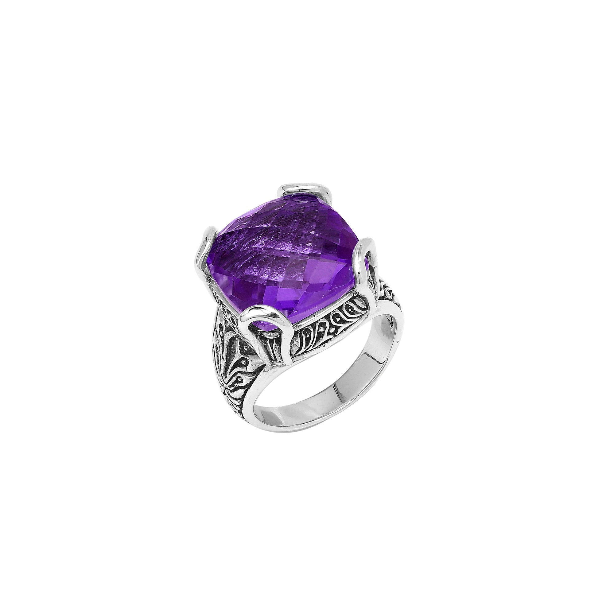Sterling Silver Handmade Amethyst Quartz Ring With Balinese Engraved Detailing
