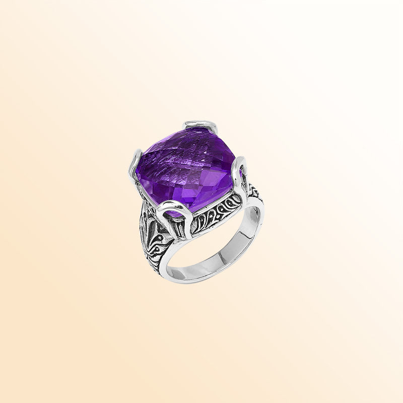 Sterling Silver Handmade Amethyst Quartz Ring With Balinese Engraved Detailing