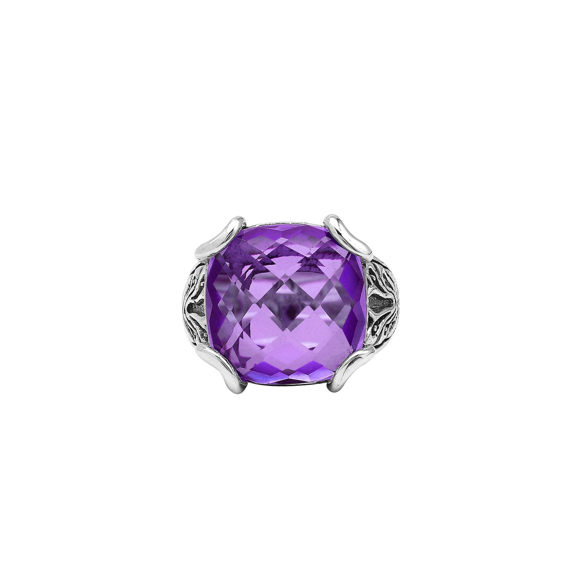 Sterling Silver Handmade Amethyst Quartz Ring With Balinese Engraved Detailing
