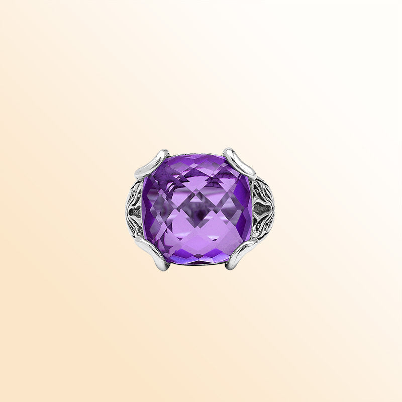 Sterling Silver Handmade Amethyst Quartz Ring With Balinese Engraved Detailing