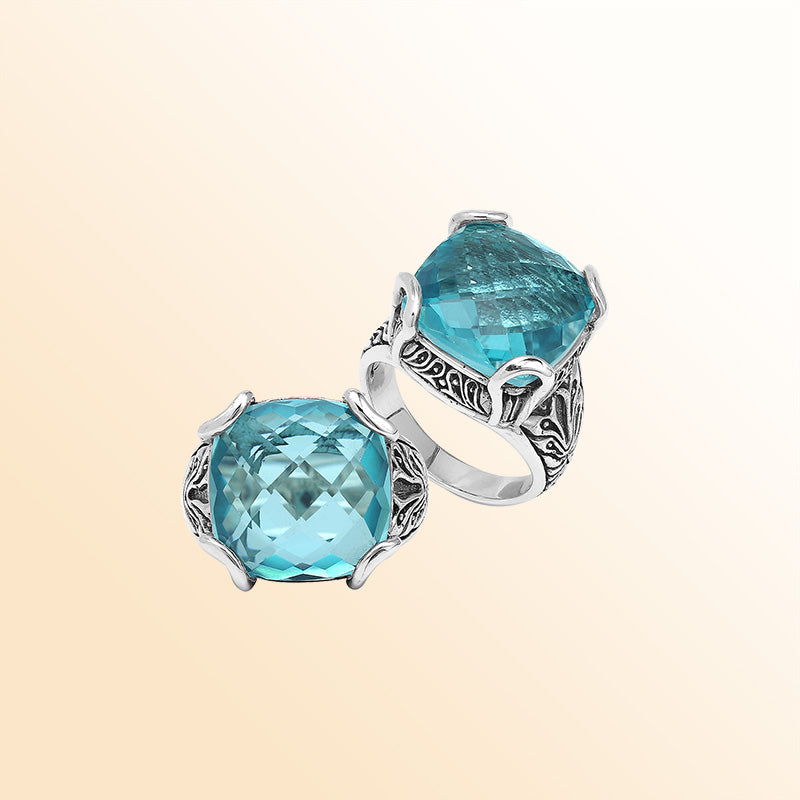 Sterling Silver Handmade Blue Topaz Quartz Ring With Balinese Engraved Detailing