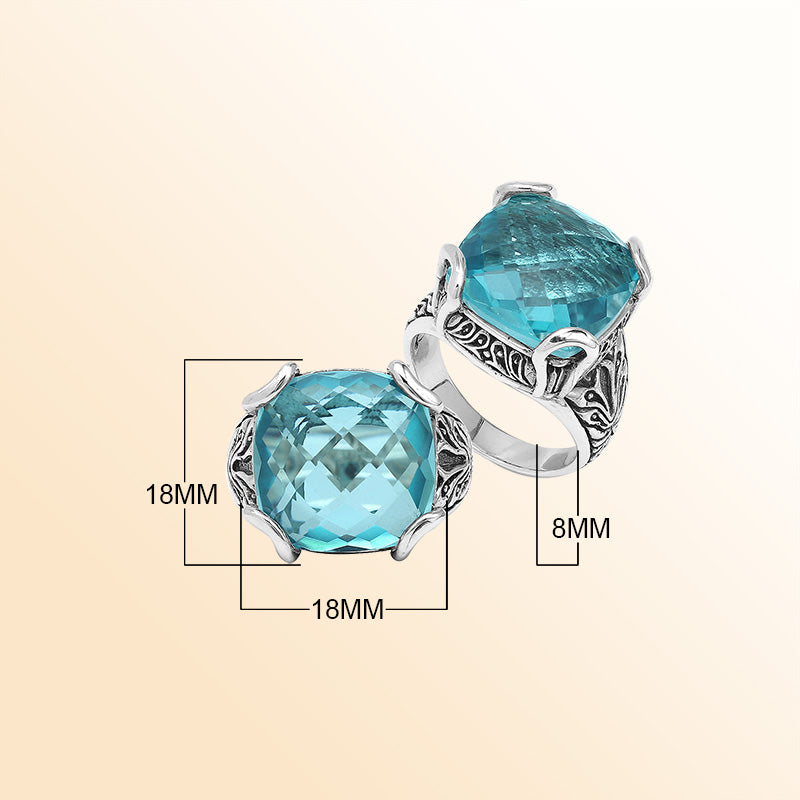 Sterling Silver Handmade Blue Topaz Quartz Ring With Balinese Engraved Detailing