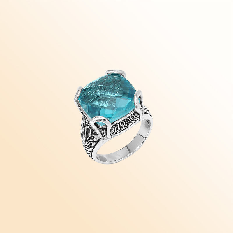 Sterling Silver Handmade Blue Topaz Quartz Ring With Balinese Engraved Detailing