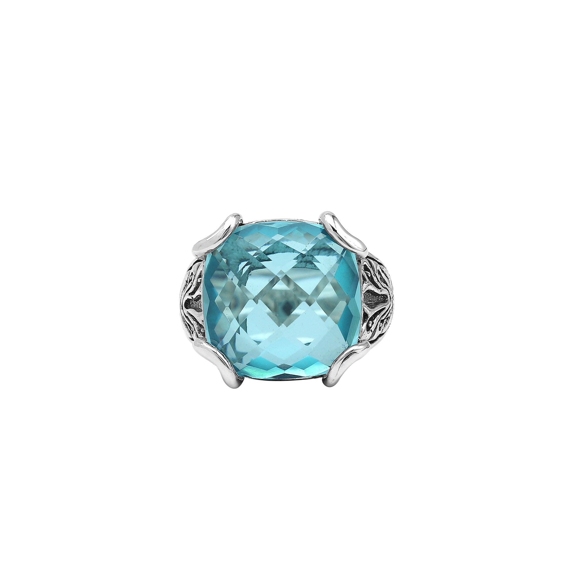 Sterling Silver Handmade Blue Topaz Quartz Ring With Balinese Engraved Detailing