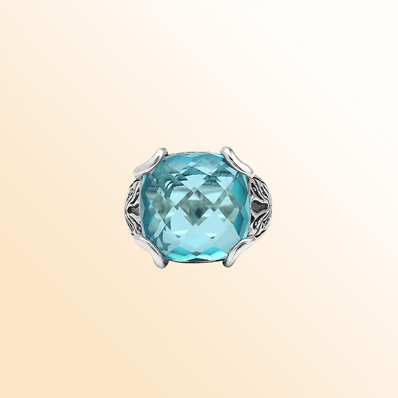 Sterling Silver Handmade Blue Topaz Quartz Ring With Balinese Engraved Detailing