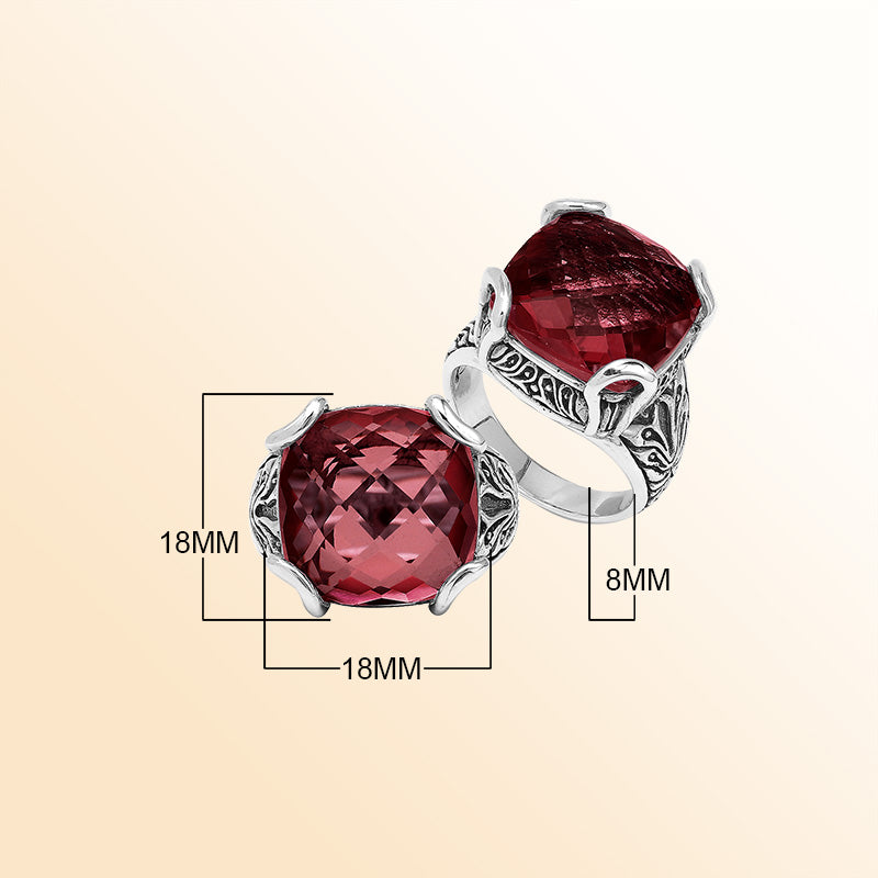 Sterling Silver Handmade Red Garnet Quartz Ring With Balinese Engraved Detailing