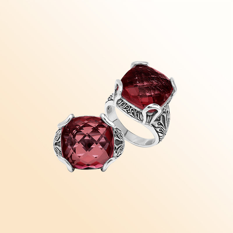 Sterling Silver Handmade Red Garnet Quartz Ring With Balinese Engraved Detailing
