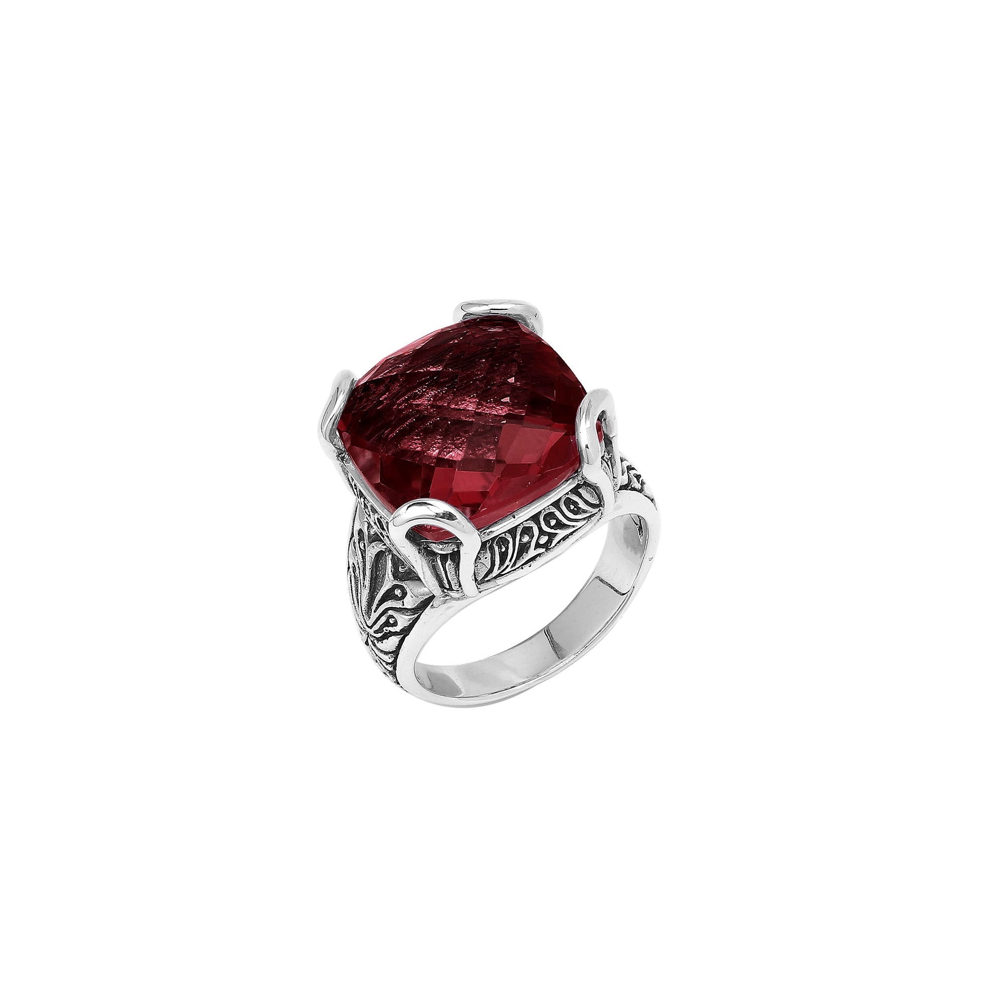 Sterling Silver Handmade Red Garnet Quartz Ring With Balinese Engraved Detailing