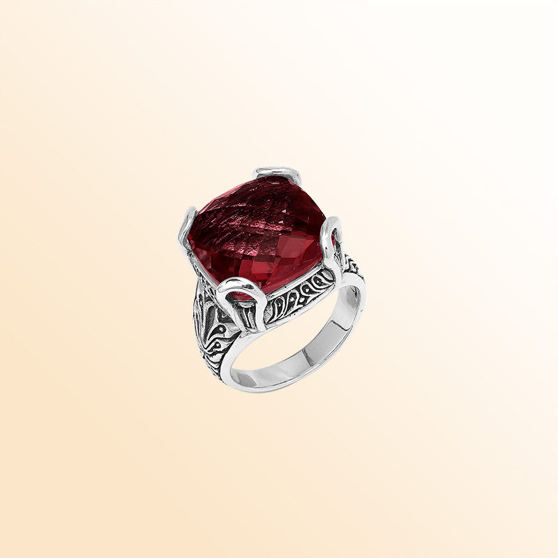 Sterling Silver Handmade Red Garnet Quartz Ring With Balinese Engraved Detailing
