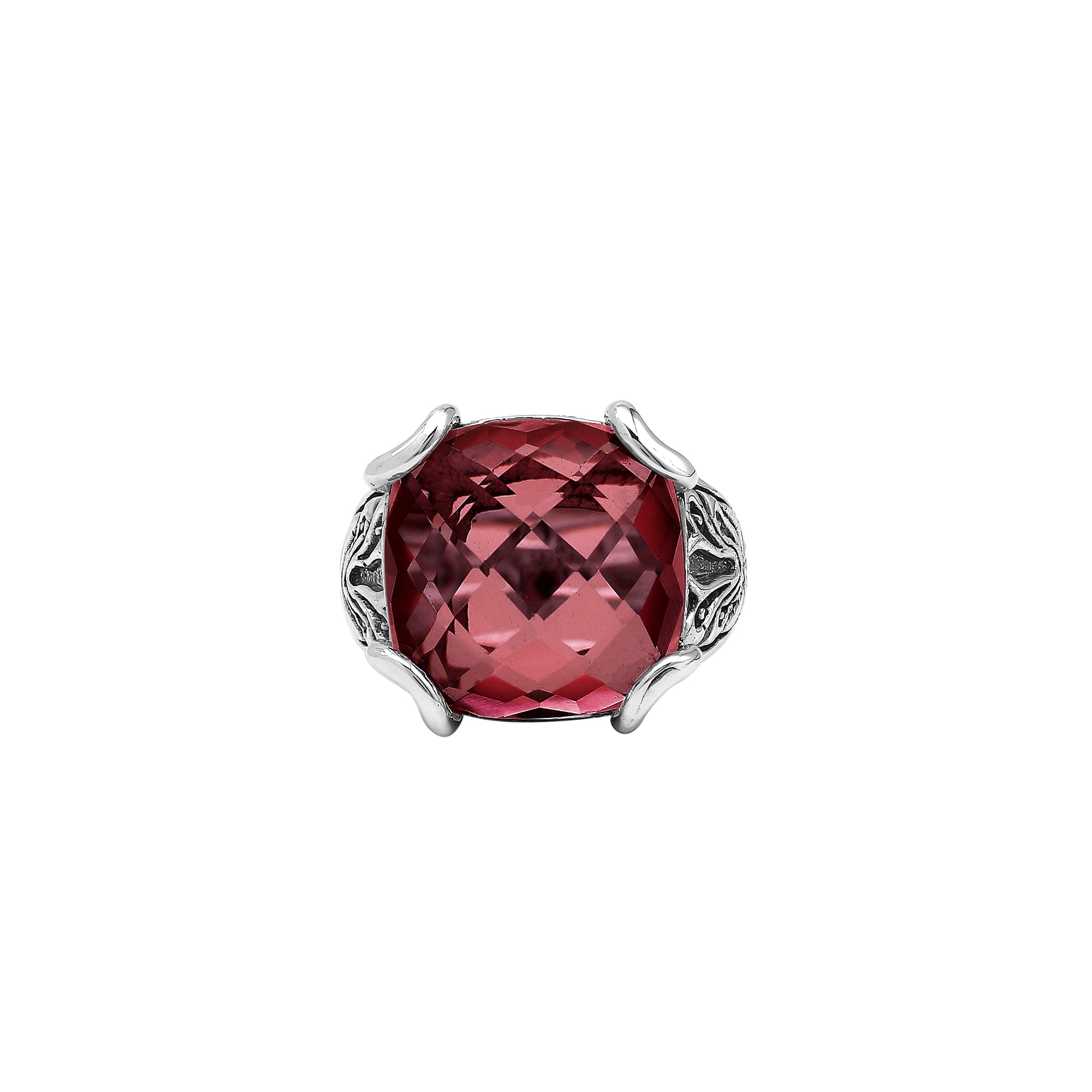 Sterling Silver Handmade Red Garnet Quartz Ring With Balinese Engraved Detailing