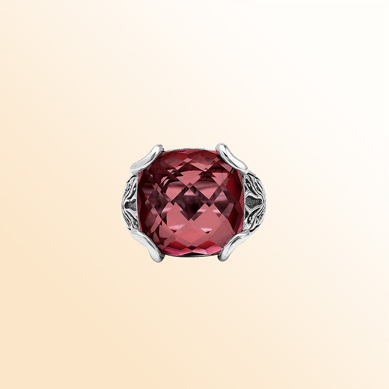 Sterling Silver Handmade Red Garnet Quartz Ring With Balinese Engraved Detailing