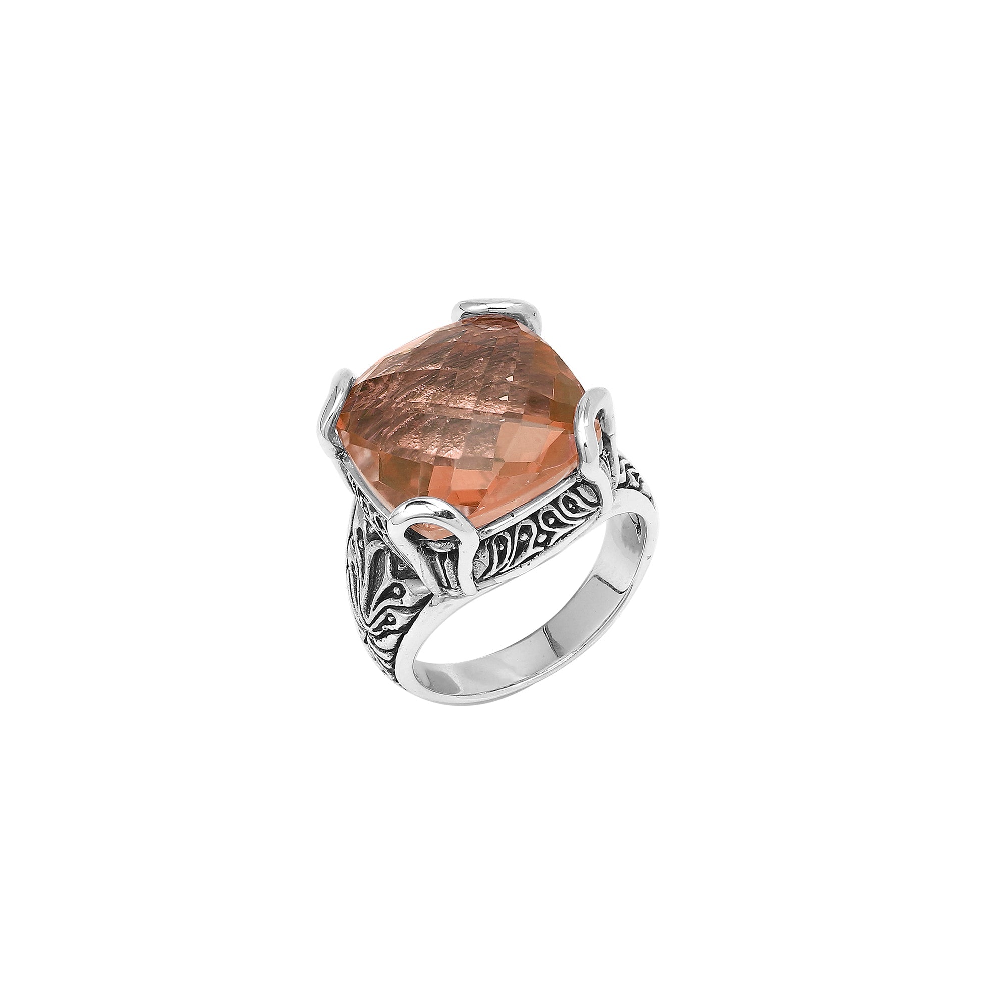 Sterling Silver Handmade Morganite Quartz Ring With Balinese Engraved Detailing