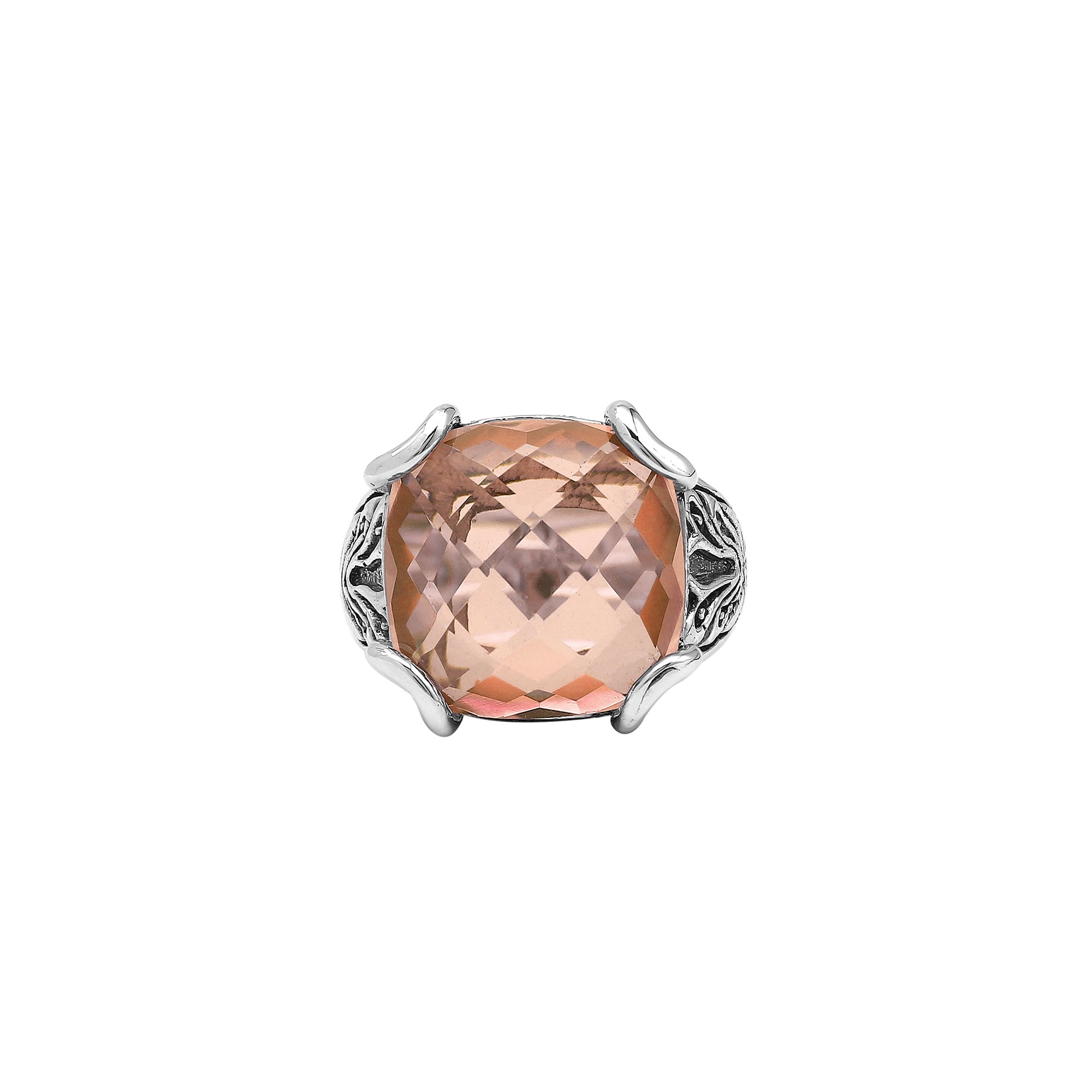 Sterling Silver Handmade Morganite Quartz Ring With Balinese Engraved Detailing