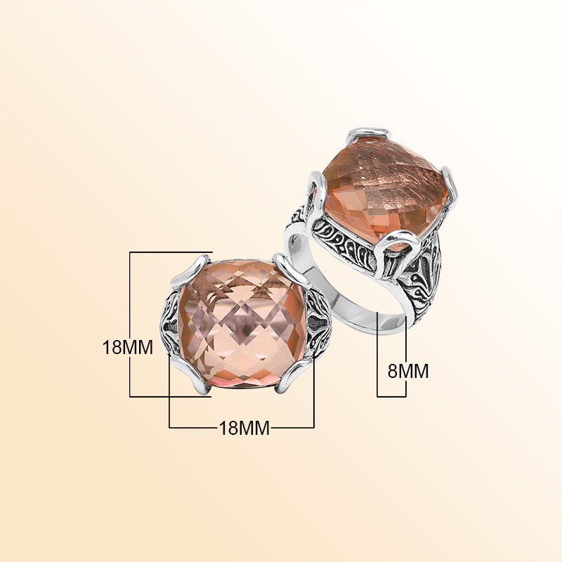 Sterling Silver Handmade Morganite Quartz Ring With Balinese Engraved Detailing