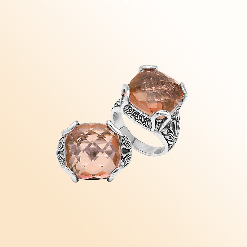 Sterling Silver Handmade Morganite Quartz Ring With Balinese Engraved Detailing
