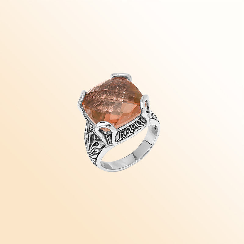 Sterling Silver Handmade Morganite Quartz Ring With Balinese Engraved Detailing
