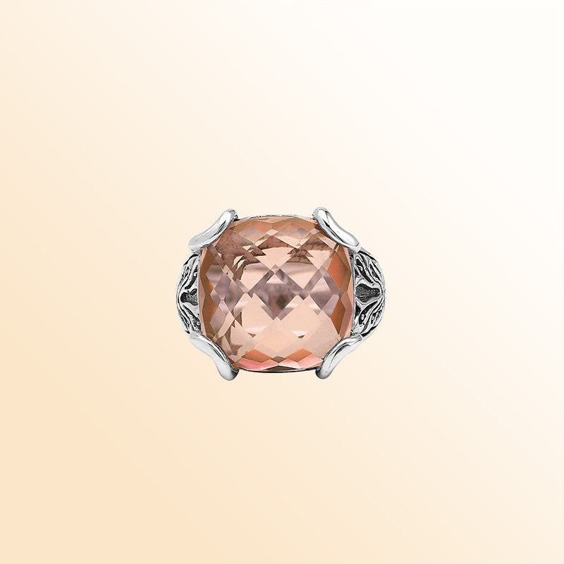 Sterling Silver Handmade Morganite Quartz Ring With Balinese Engraved Detailing