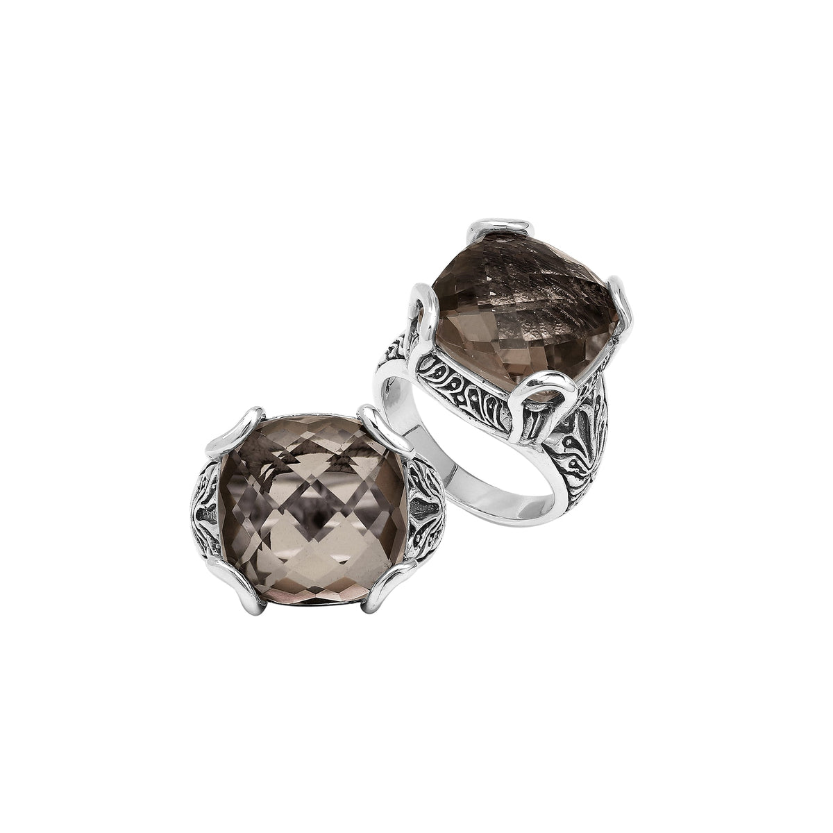 Sterling Silver Handmade Smoky Quartz Ring With Balinese Engraved Detailing