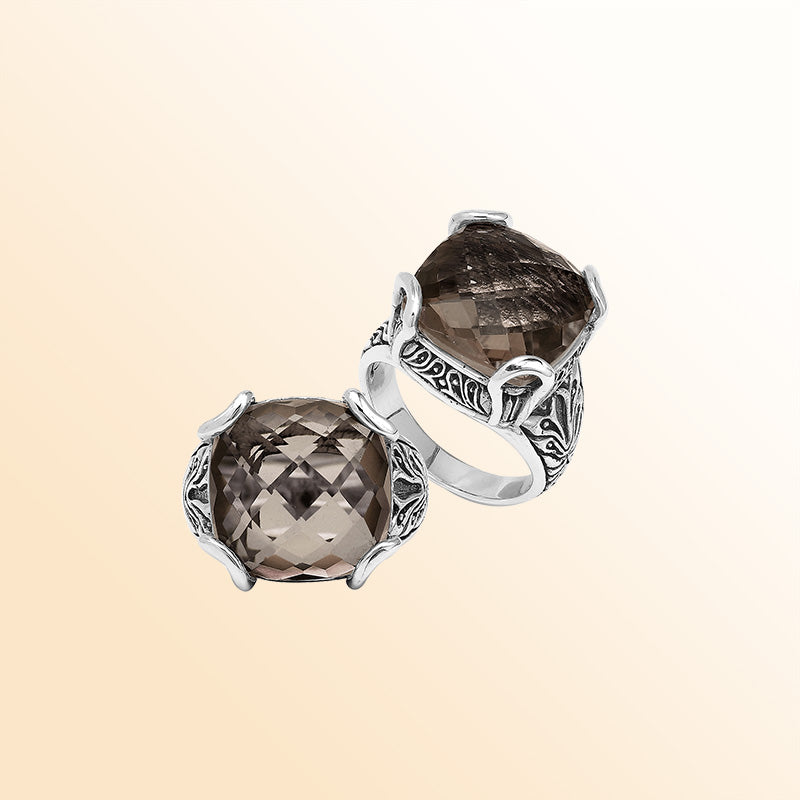 Sterling Silver Handmade Smoky Quartz Ring With Balinese Engraved Detailing