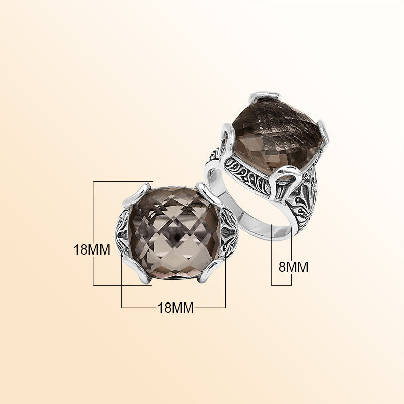 Sterling Silver Handmade Smoky Quartz Ring With Balinese Engraved Detailing