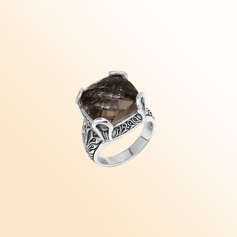 Sterling Silver Handmade Smoky Quartz Ring With Balinese Engraved Detailing