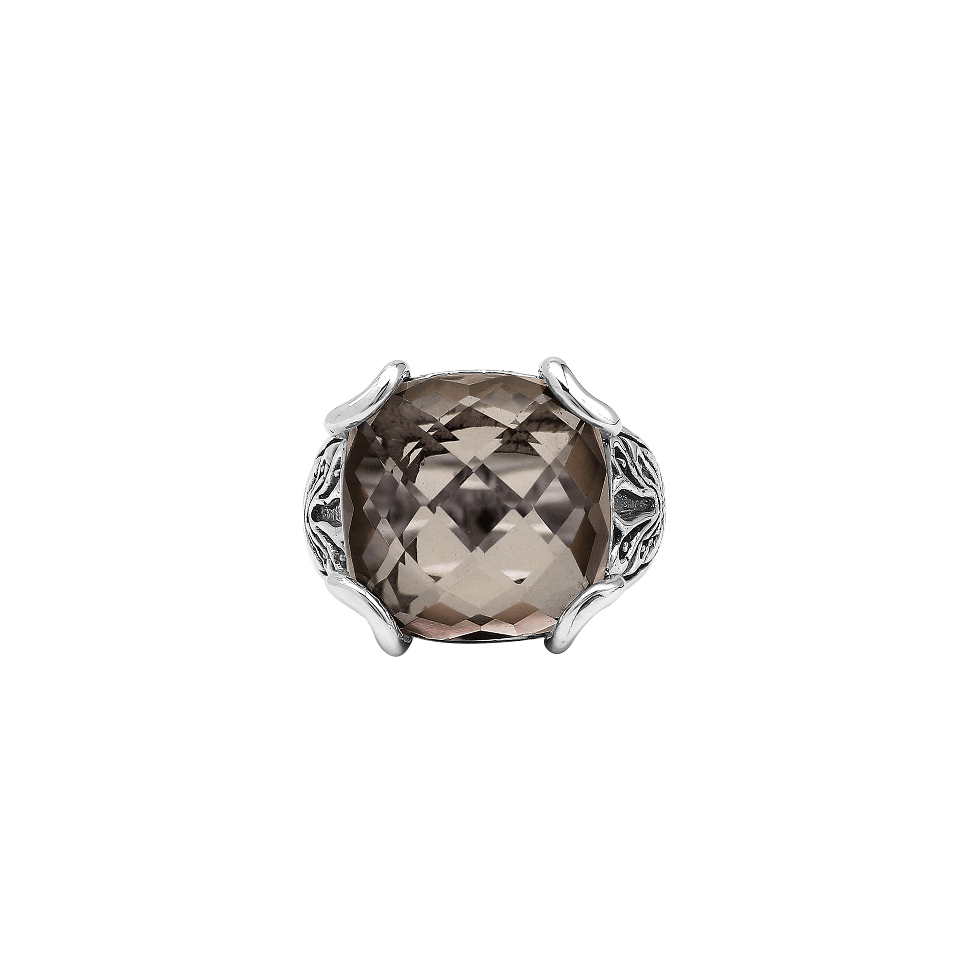 Sterling Silver Handmade Smoky Quartz Ring With Balinese Engraved Detailing