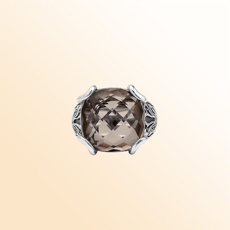 Sterling Silver Handmade Smoky Quartz Ring With Balinese Engraved Detailing