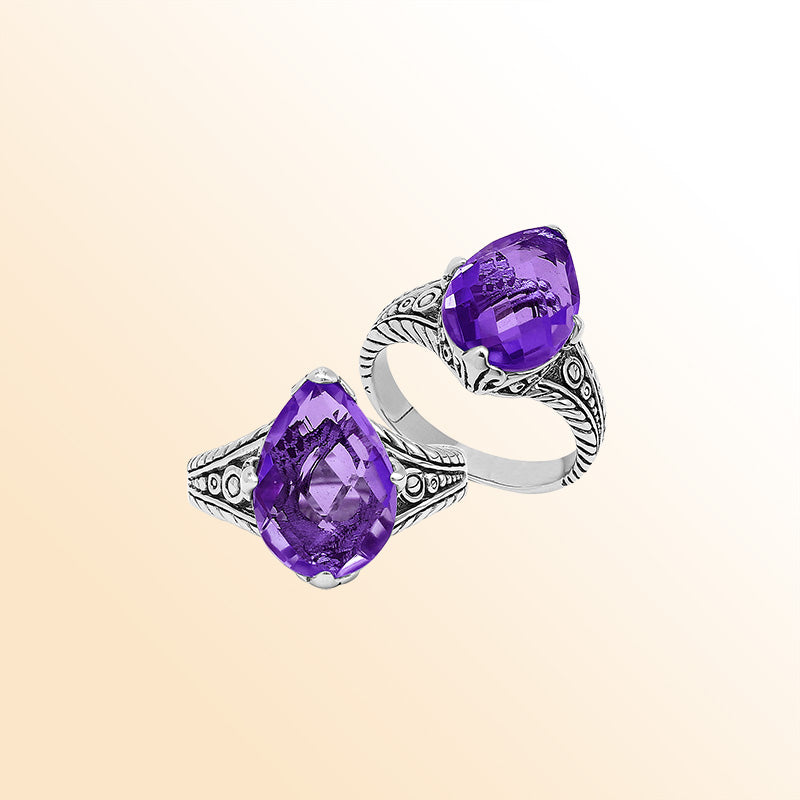 Handcrafted Sterling Silver Amethyst Quartz Teardrop Royal Elegance Heritage Ring With Balinese Detailing.