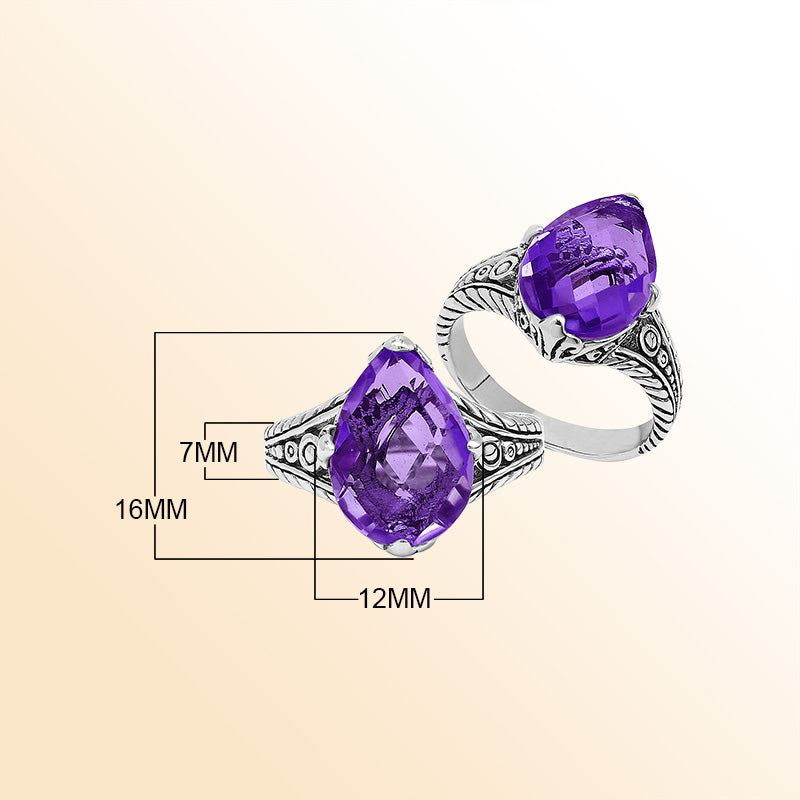 Handcrafted Sterling Silver Amethyst Quartz Teardrop Royal Elegance Heritage Ring With Balinese Detailing.