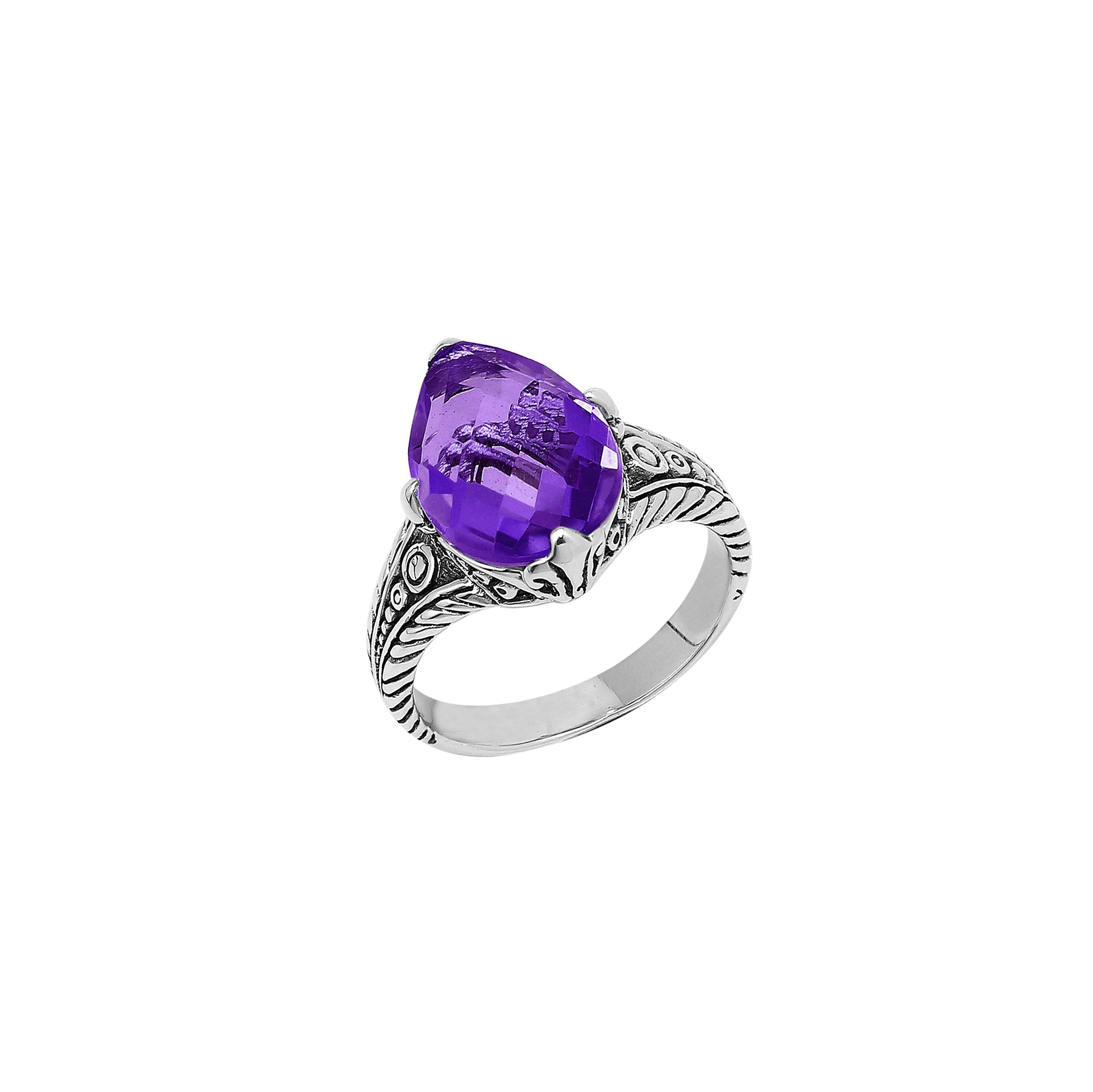 Handcrafted Sterling Silver Amethyst Quartz Teardrop Royal Elegance Heritage Ring With Balinese Detailing.