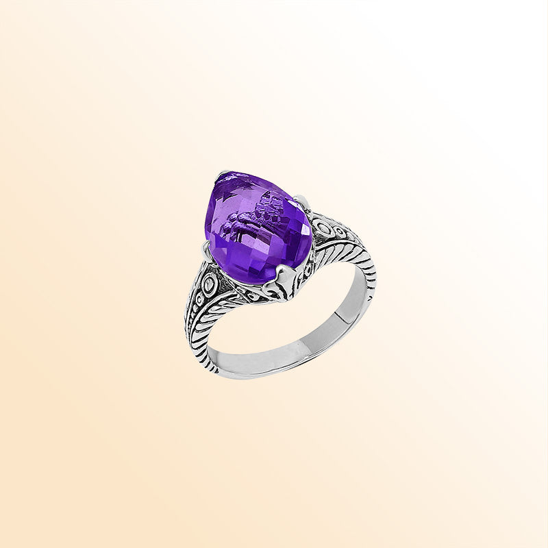 Handcrafted Sterling Silver Amethyst Quartz Teardrop Royal Elegance Heritage Ring With Balinese Detailing.