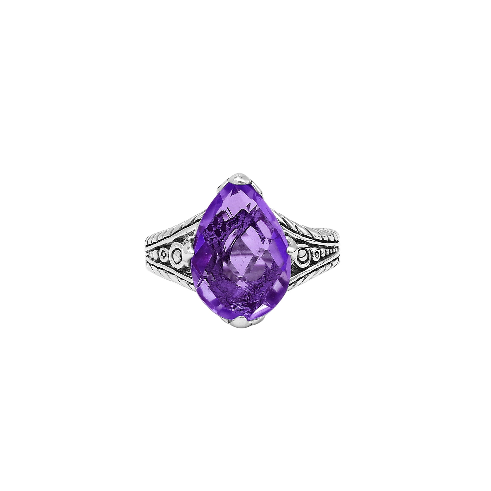 Handcrafted Sterling Silver Amethyst Quartz Teardrop Royal Elegance Heritage Ring With Balinese Detailing.