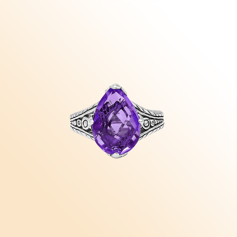 Handcrafted Sterling Silver Amethyst Quartz Teardrop Royal Elegance Heritage Ring With Balinese Detailing.