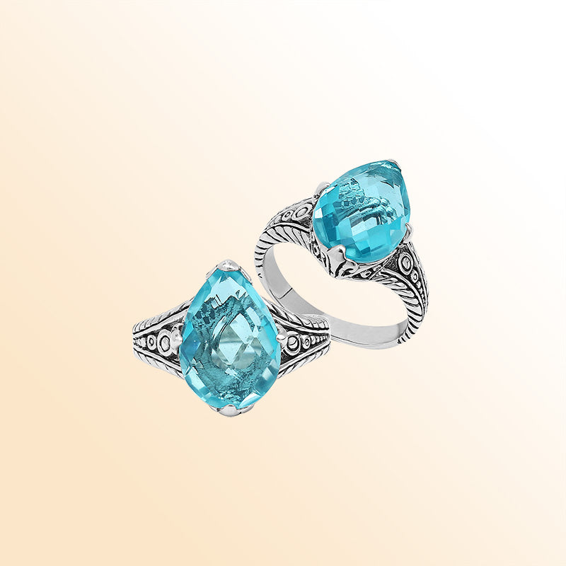 Handcrafted Sterling Silver Blue Topaz Quartz Teardrop Royal Elegance Heritage Ring With Balinese Detailing.