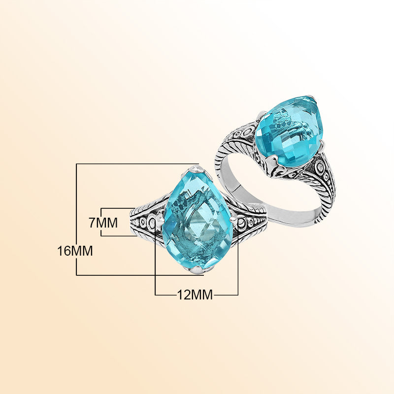 Handcrafted Sterling Silver Blue Topaz Quartz Teardrop Royal Elegance Heritage Ring With Balinese Detailing.