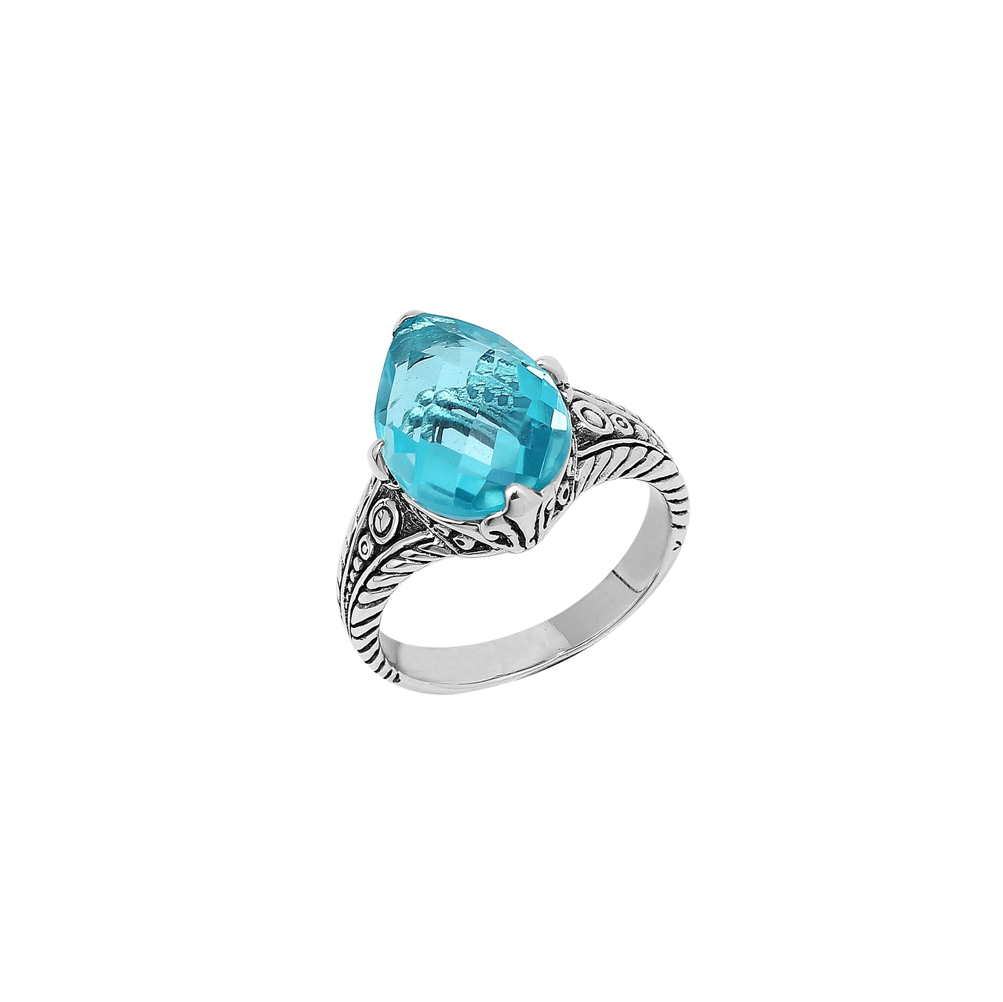 Handcrafted Sterling Silver Blue Topaz Quartz Teardrop Royal Elegance Heritage Ring With Balinese Detailing.