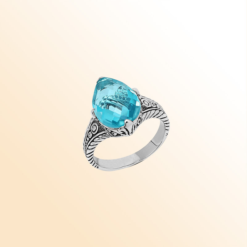Handcrafted Sterling Silver Blue Topaz Quartz Teardrop Royal Elegance Heritage Ring With Balinese Detailing.